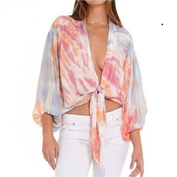 🔹️Young Fabulous & Broke Blue Tie Dye Rayon Tied Front Top Small - Picture 1 of 12